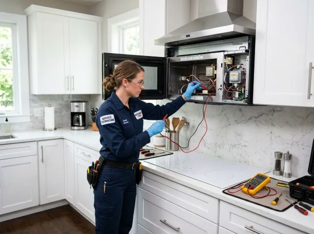 Appliance Repair Hero technician testing an over-the-range microwave in a Abingdon, MD kitchen